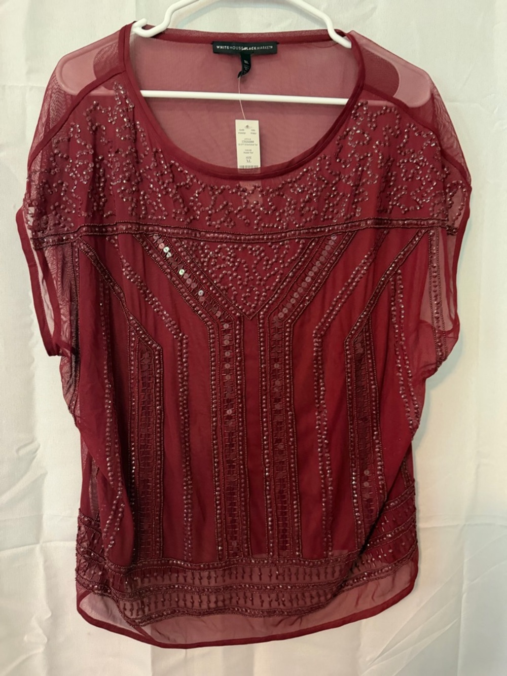 White House Black Market Beaded Sheer Burgundy Blouse
